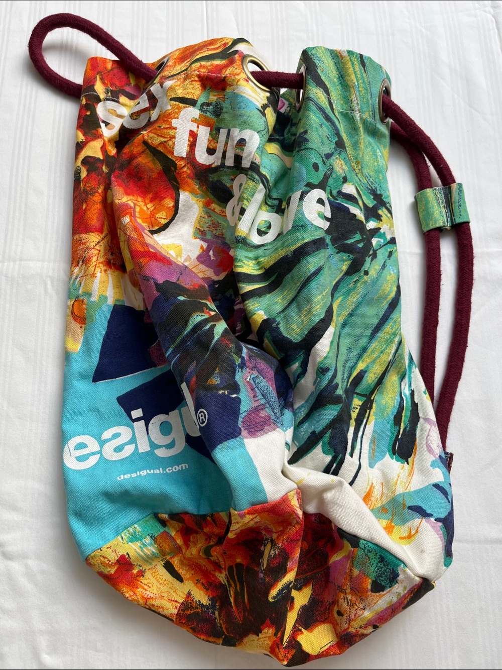 Desigual Y2K Sex Fun & Love Floral Canvas Drawstring Bucket Beach Bag